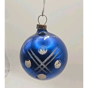 Vintage Blue Mica  Polka Dot Stenciled Christmas Ornament Glass Ball 1.5"